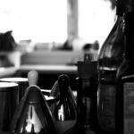black and white photograph of a kitchen counter