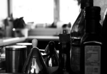 black and white photograph of a kitchen counter