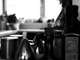 black and white photograph of a kitchen counter