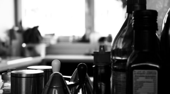 black and white photograph of a kitchen counter